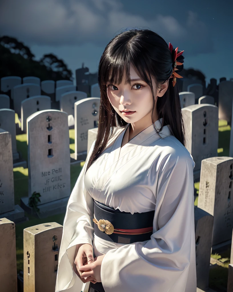 (Highest quality, 32k, High resolution, Masterpiece:1.5), marimo_jet, World of Darkness, A terrifying photograph, Horror, Evoking eerie silence and elusive beauty, Expressing emotions, Have a rich imagination, Beautiful Japanese Girls, An exceptionally beautiful face, Small Face Beauty, , Perfect Human Anatomy, Magical big eyes, Fleeting Expression, Black Hair, Neat, super long, straight silk hair, Asymmetrical bangs, Hair between the eyes, Unhealthy pale skin, Sharp eyebrows, Thin lashes, ((White kimono:1.43)), Slim figure with ample breasts, ((A hill lined with gravestones:1.5)), ((Midnight Darkness:1.5)), Professional photographer, Professional models