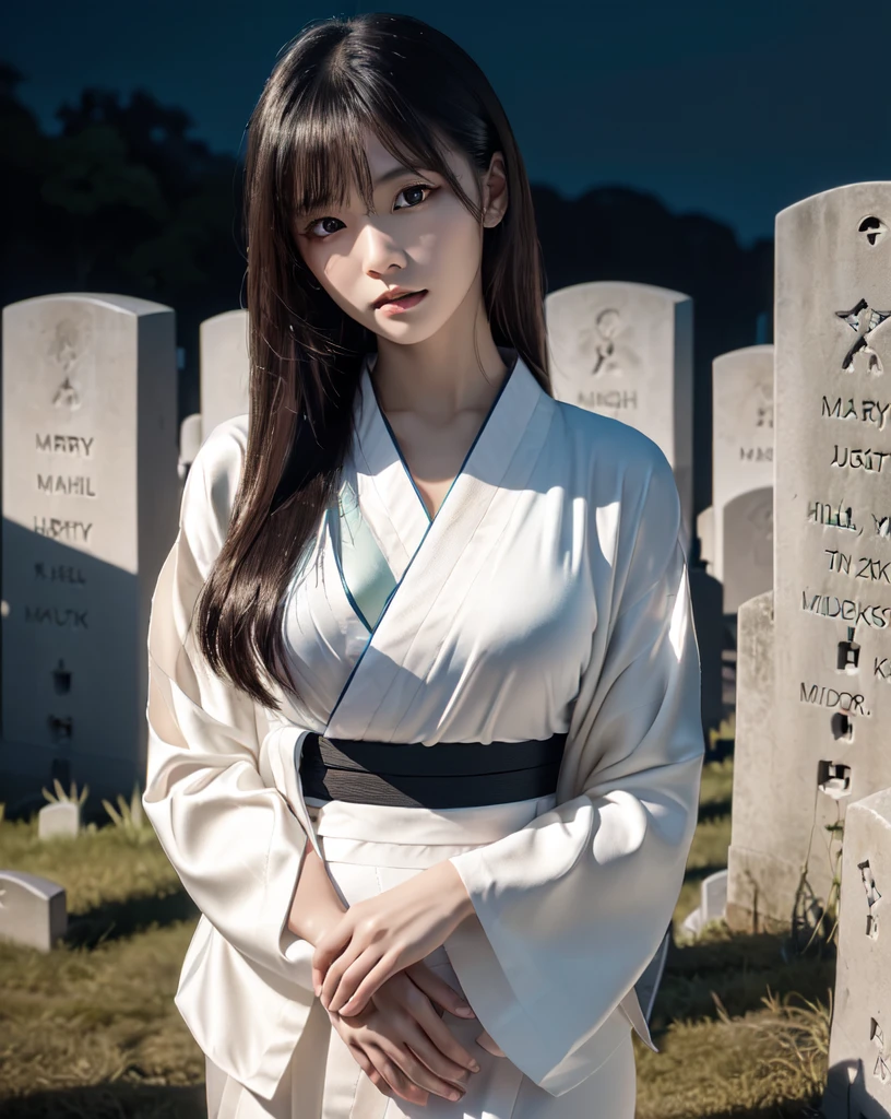 (Highest quality, 32k, High resolution, Masterpiece:1.5), marimo_jet, World of Darkness, A terrifying photograph, Horror, Evoking eerie silence and elusive beauty, Expressing emotions, Have a rich imagination, Beautiful Japanese Girls, An exceptionally beautiful face, Small Face Beauty, , Perfect Human Anatomy, Magical big eyes, Fleeting Expression, Black Hair, Neat, super long, straight silk hair, Asymmetrical bangs, Hair between the eyes, Unhealthy pale skin, Sharp eyebrows, Thin lashes, ((White kimono:1.43)), Slim figure with ample breasts, ((A hill lined with gravestones:1.5)), ((Midnight Darkness:1.5)), Professional photographer, Professional models
