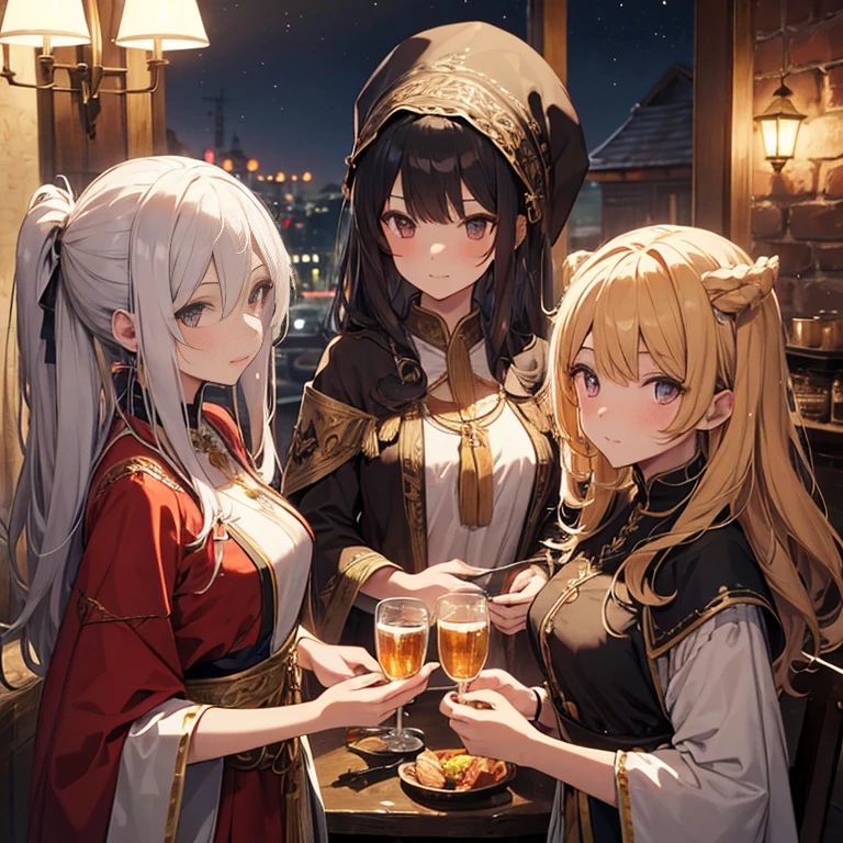 A group of  priestess, (in tavern), various hair styles, harem, night, details face, seducing, ceremonial outfit, multiple girls