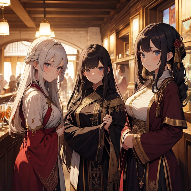 A group of  priestess, (in tavern), various hair styles, harem, night, details face, seducing, ceremonial outfit, multiple girls