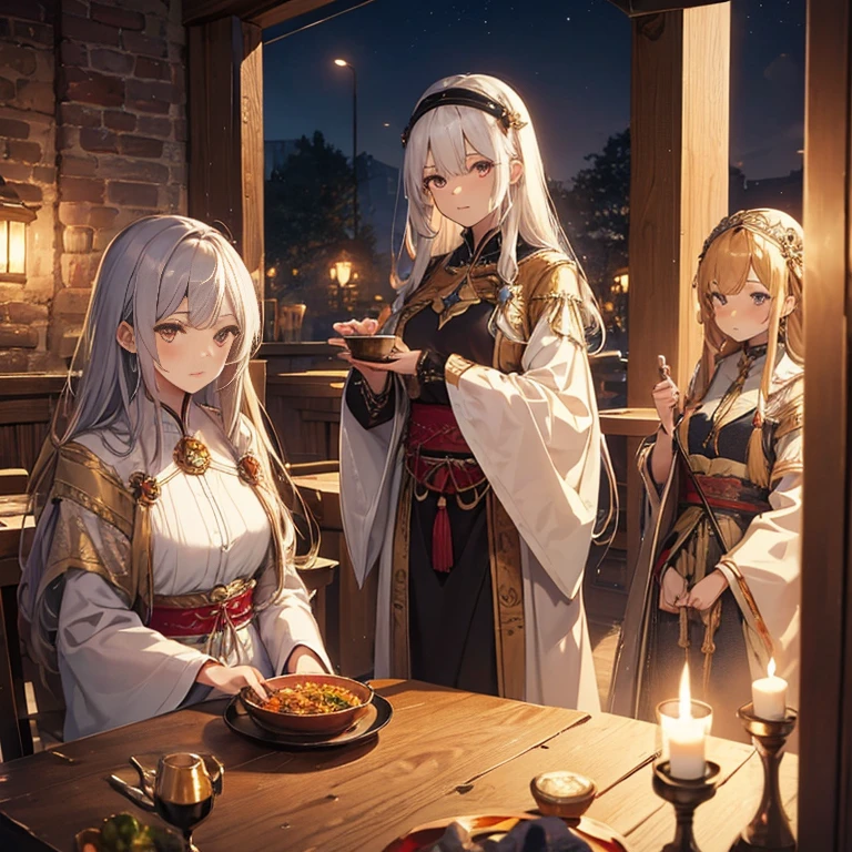 A group of  priestess, (in tavern), various hair styles, harem, night, details face, seducing, ceremonial outfit, multiple girls