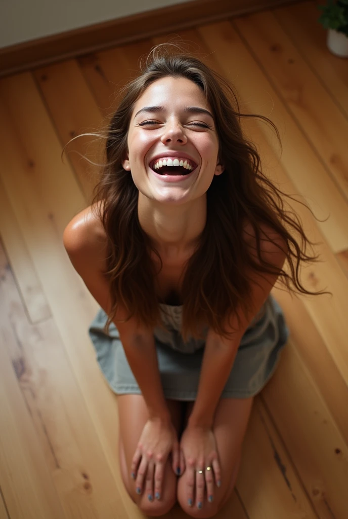 a beautiful young woman, (mouth very wide open and smiling), long brown hair, eyes closed, wearing very short dress, kneeling on hardwood floor, viewed from above