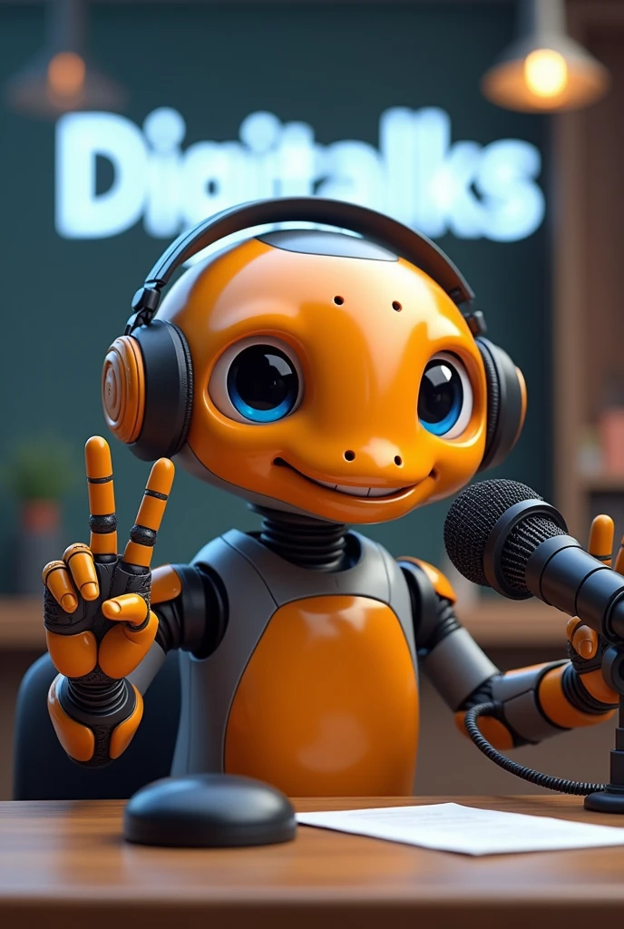 A robot salamander. Predominant Colors, orange, gris, black andwhite. Body color, orange. head, arms and legs, Use neutral colors, gris, black andwhite. Ela está fazendo com uma mão o Sign of vitória (Sign of "in") and looking at the camera. She wears black headphones. The setting is a podcast table, with a microphone on the table. She's sitting in the chair. On the wall there is a large digital sign that reads "Digitalks", appearing whole, without cuts and without blur. Your big eyes, black and white. He has a friendly look, happy and a smile.