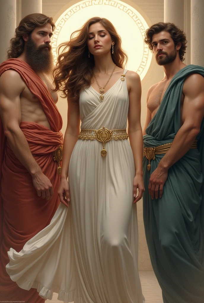 Create an image with the goddess Persephone in the middle and beside her Zeus and the God Apollo, only her and the two. Leave Zeus at the same height as Apollo. Persephone with brown hair and beardless Apollo. Not very humanized. The 3 looking forward, I don't want anything sexualized