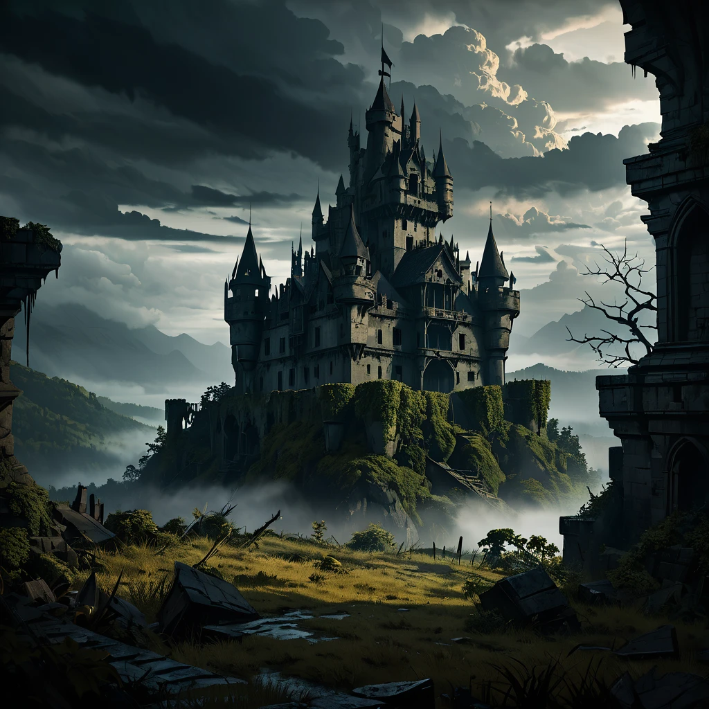 a dark and abandoned castle, decrepit castle, dilapidated castle, crumbling castle, overgrown castle, moss-covered castle, cobweb-filled castle, gloomy castle, haunting castle, foreboding castle, moody castle, atmospheric castle, cinematic castle, dramatic lighting, chiaroscuro lighting, dramatic shadows, dramatic fog, mist, dramatic clouds, dramatic sky, fantasy landscape, mystical landscape, dark fantasy, gothic fantasy, dark art, dark aesthetic, moody aesthetic, cinematic aesthetic, concept art, digital art, octane render, unreal engine, rendered