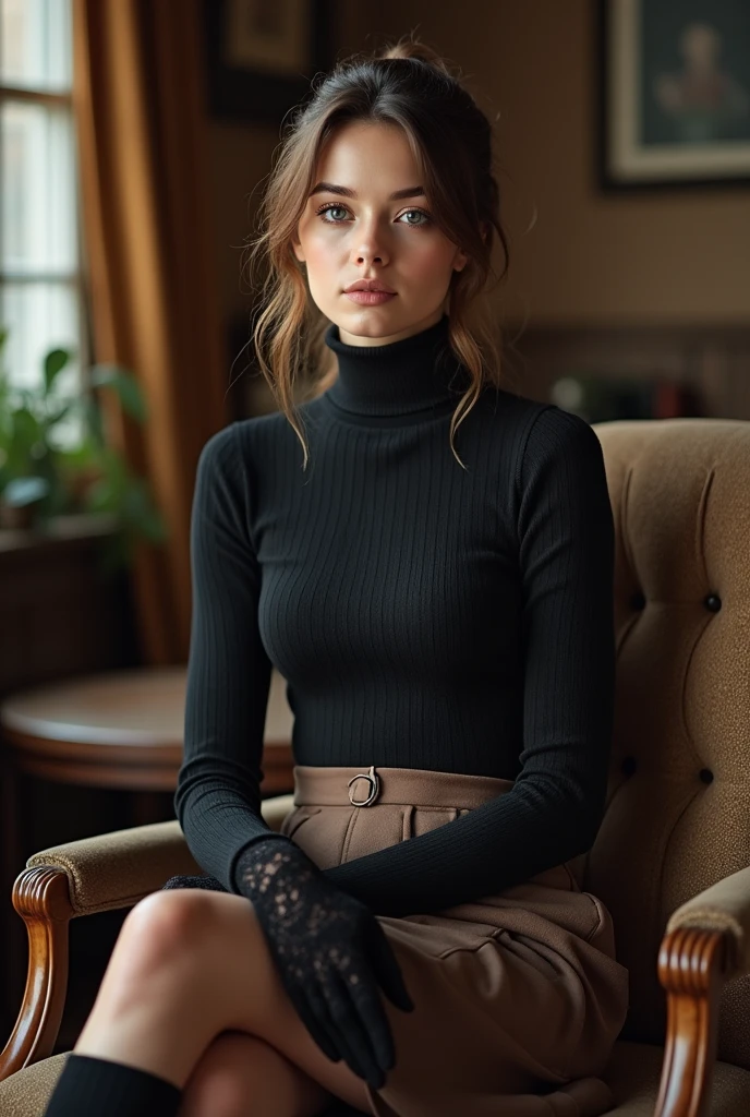 brown hair color、hair pulled back、ponytail、cute face、 she wears a turtleneck and a skirt.、wearing long wool socks、sitting on a chair、crossed legs、Wearing black lace gloves、adult german woman、full body portrait、indoor.、