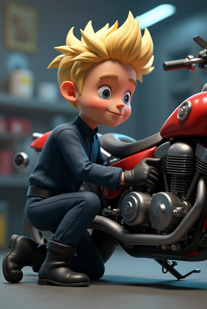 Create a 3D mascot fixing a motorcycle , I want a male character with blonde spiky hair who wears a dark blue uniform without a logo or details, with black boots in full HD image. ,