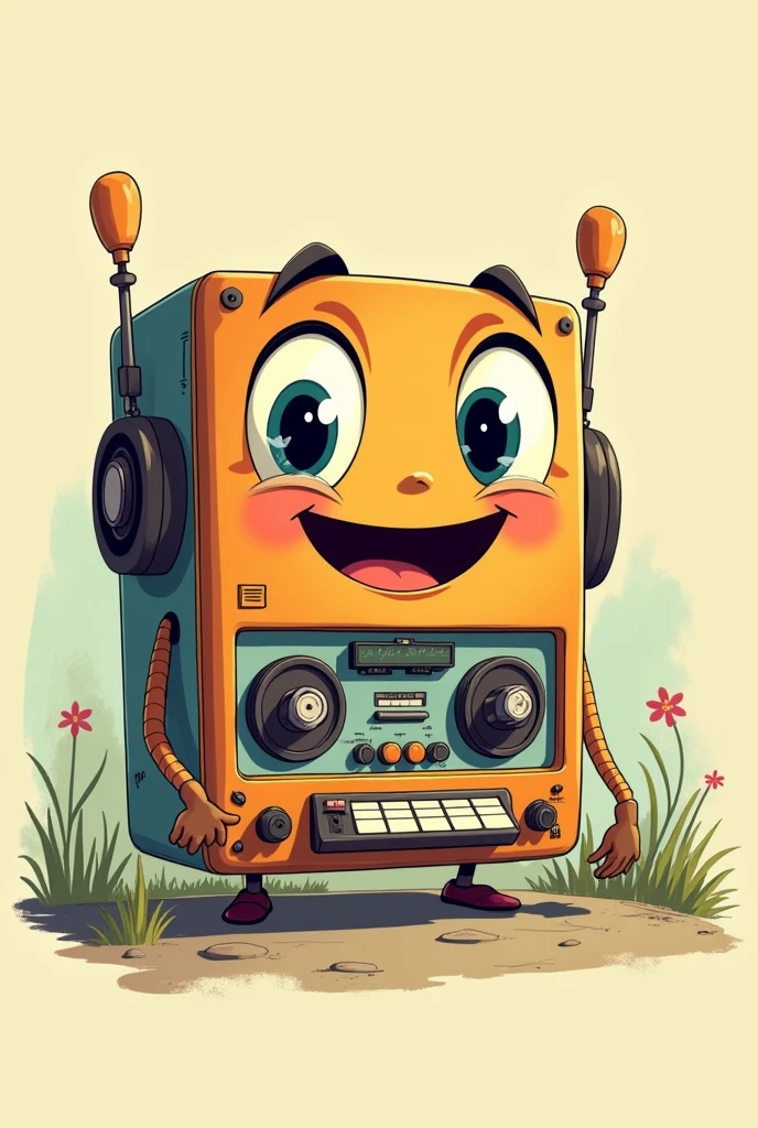 A retro animated tape player, with eyes and a big smile
