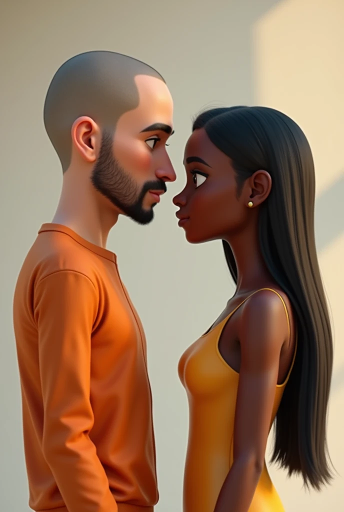 3D Pixar image of a light-skinned man, stark, shaven hair, shaved beard, long nose; ao lado de uma mulher negra e stark de cabelo liso comprido