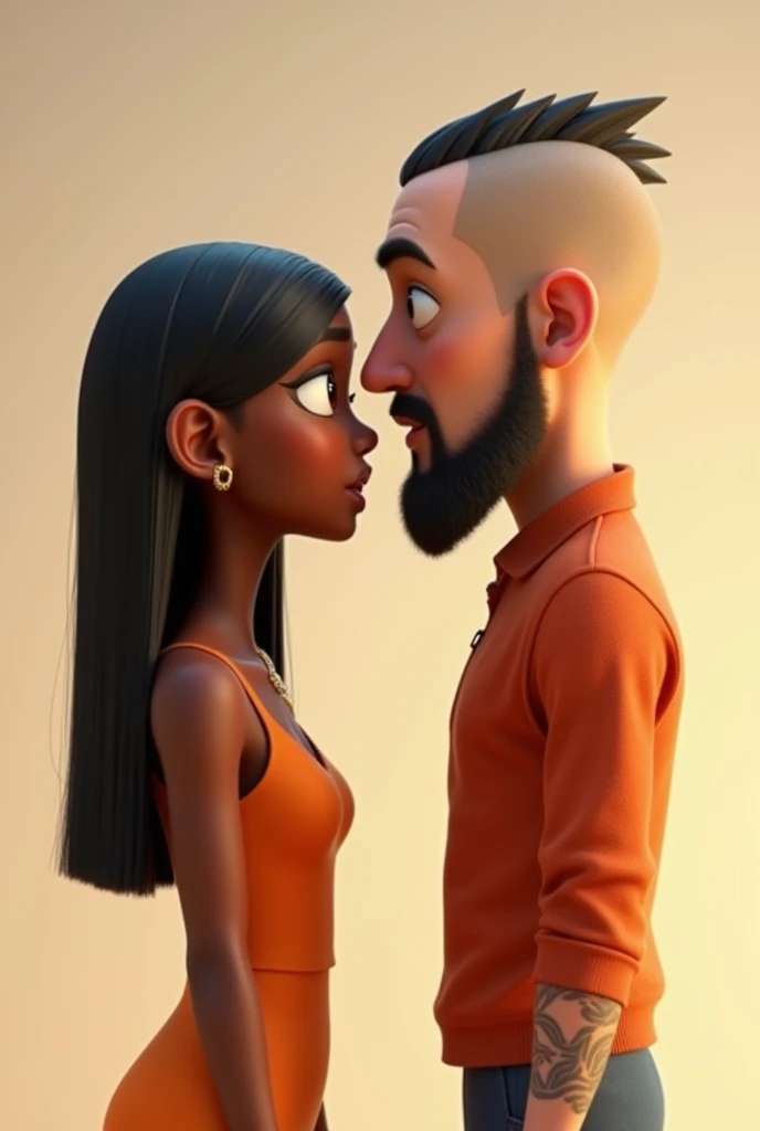 3D Pixar image of a light-skinned man, stark, shaven hair, shaved beard, long nose; ao lado de uma mulher negra e stark de cabelo liso comprido