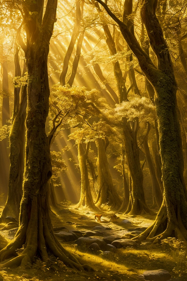 "Ethereal Forest": A mystical forest bathed in golden sunlight, where towering trees with luminous leaves stretch towards a twilight sky filled with swirling galaxies. Magical creatures like ethereal foxes and glowing butterflies roam the forest floor.