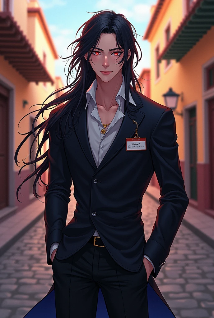 A guy in his early 20s with long black hair down to his waist, elegant clothing Antigua smiling. May he be truly attractive with red eyes and have an ID that says "Eternal laughs". anime style