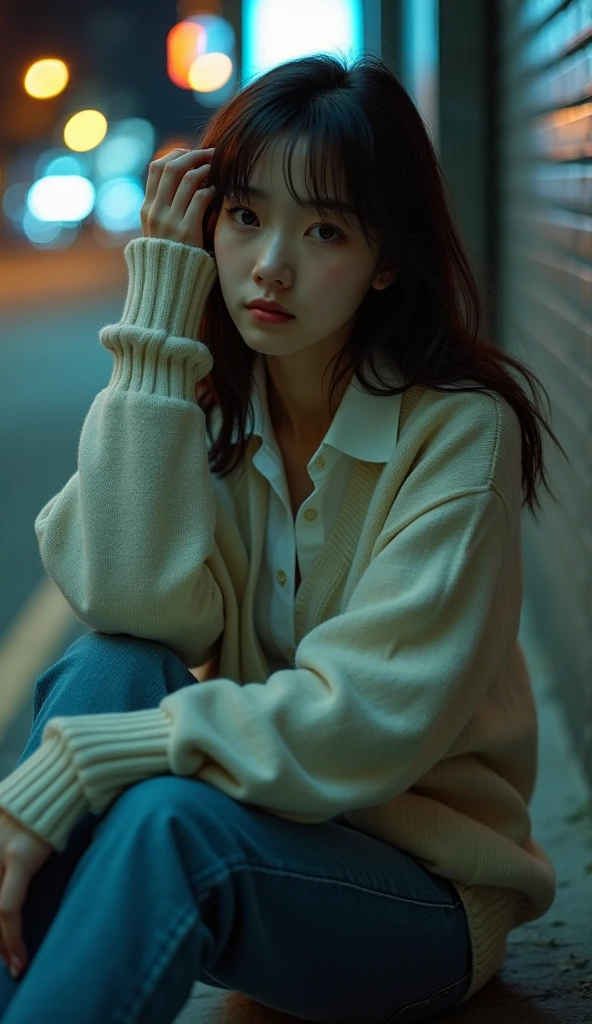 masterpiece,(Best picture quality),Higher quality,High Detail,(Ultra-high resolution),8K resolution,Depth of Field,A Chinese delicate beautiful girl with medium hair,Wear a white button-down shirt。臀部翘穿着牛仔裤晚上在路边捂着头伤心sad,Beautiful facial features,Slouchy loose sweater,Portrait mode,Sunlight,Warm,Tyndall effect,Movie Light,Lazy look,sad,Absolutely beautiful,Chinese style