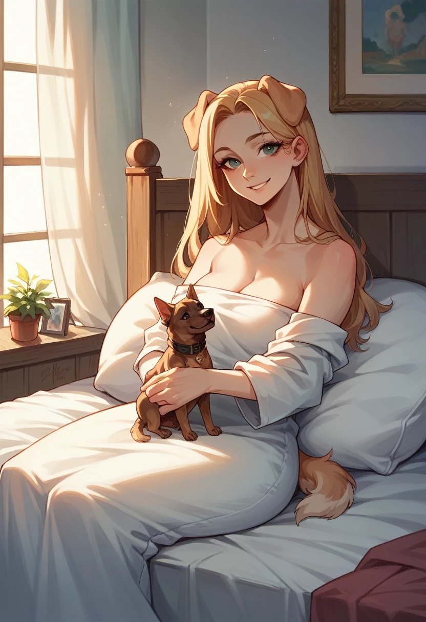 1girl, 1dog,beautiful girl and smile, sit in the bed, amine picture, the girl is 13 years old 