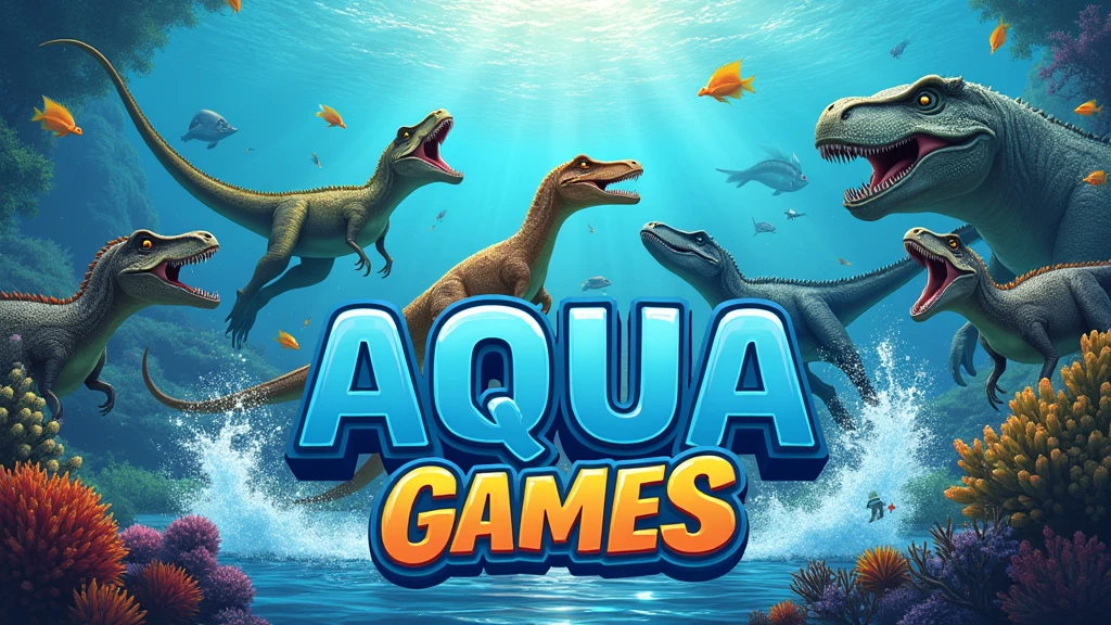 Create a dinosaur image for YouTube that says AQUA GAMES with a size of 2048 X 576.