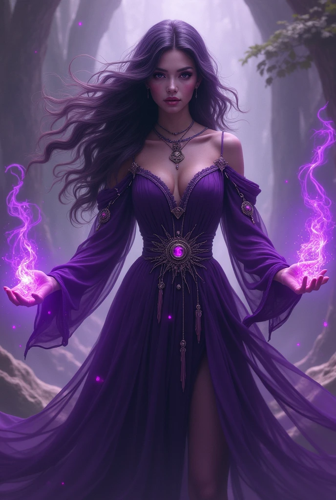 Creates a young woman with purple dark magic powers, with dark purple hair, and dark purple clothes , with purple skin