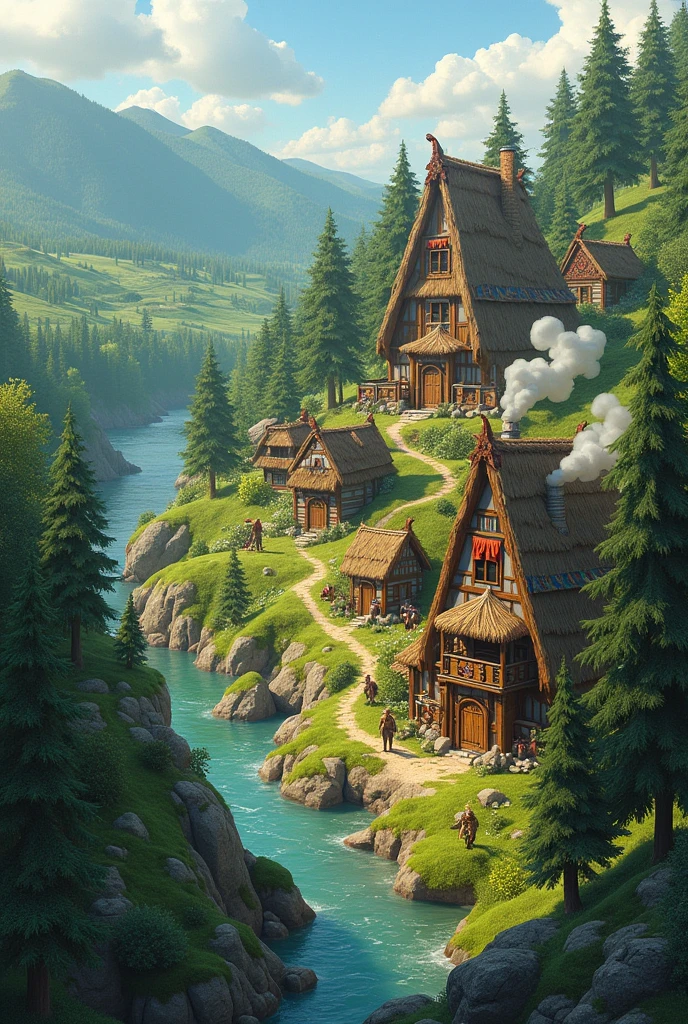 Image of a Viking village. Situated on a lush green hill with lots of trees.