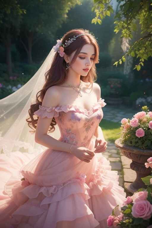 garden background,fairy tale atmosphere,vibrant colors,soft lighting,]floral patterns on the dress,sparkling jewelry,delicate lace details,pink blush, flowing hair,fantasy elements