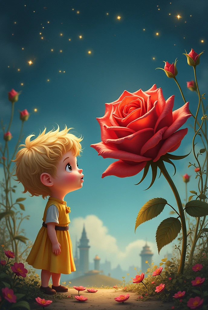 Create an art piece of The Little Prince's rose talking to the rose from Beauty and the Beast.