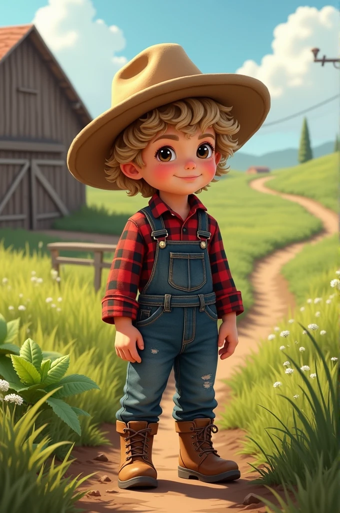 A child farmer with fair skin, light curly hair, wearing a hat, red plaid shirts, blue jeans and brown boots. 