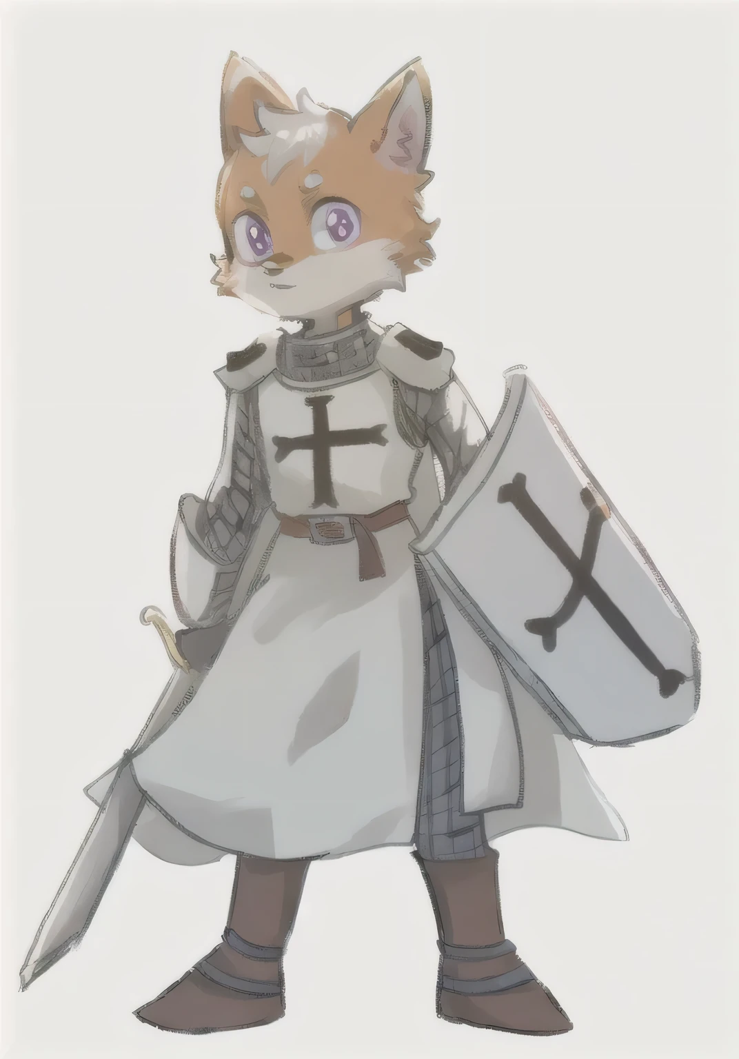 12-year-old anthropomorphic male fox,Orange fur,No hair,Purple Eyes,with a tuft of white hair on top of its head,Wearing 13th century knight clothes