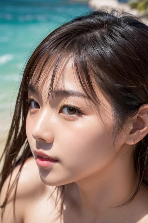 (masterpiece, Highest quality, Super detailed, masterpiece, super high quality, Crystal Clear, RAW UHD Format)、High resolutionの光る目、Highest quality, Realistic skin texture, photograph shoot, Detailed facial features, Film Grain and High Contrast, Extremely high resolution detail, photograph, Realistic, surreal, High resolution, masterpiece、 (300mm lens, f/2.8), (a Japanese woman, 20 years old), well rounded, (plump lips:1.8, plump chin:1.8, plump cheeks:1.6, cute nose:1.5),Boyish and healthy、(wet hair, short hair), smiling、(swim suit), clear water like Hawaiian sea, add flavor tropical island life, from above
