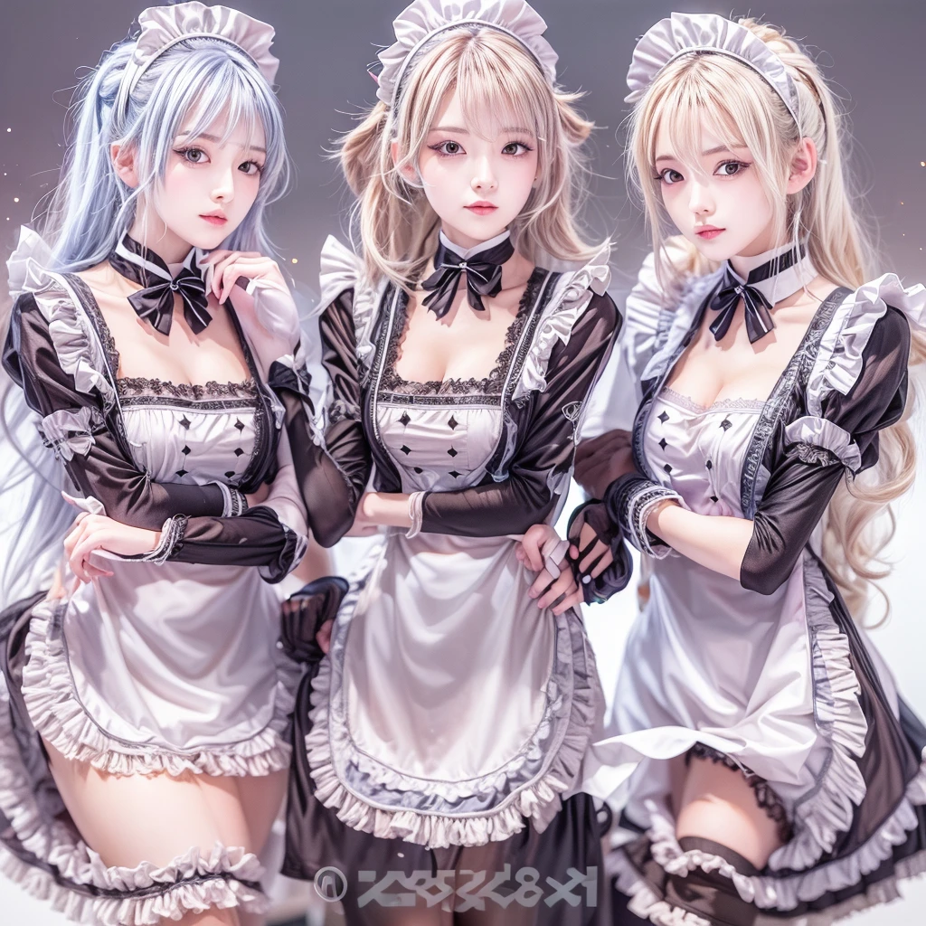 (Full Body of Extremely Detailed((Sexy Maid Group in a row:1.37))), KAWAII perfect face, Reflective Eyes, Detailed(Delicate Clothing textures), Correct Leg Line, Dynamic Joyful Expressions LifeLike Rendering, Specular Reflection, TopQuality 8K Ultra-detailed masterpiece (ProfessionalPhoto:1.37), (Acutance:0.8), (Luminism:1.28), (Renaissance art style), Colorful Light particles, ((Full body from side)), {MicroMini Skirt|Kissing|Breast Lifting|Undressing|Thigh Gap|AssFocus|(NakedApron with Overflowing SideBoob)}, Radiant Fine Skin with Transparency, (Exposed:0.4), (Different types of Anime hair color){Pink Hair|Blue Hair|Platinum Blonde|Pure White Hair|Liquid Hair}, Perfect Lighting 