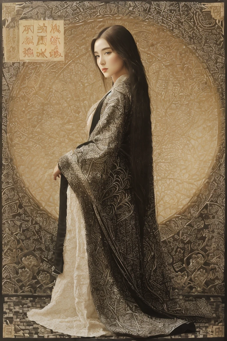 (masterpiece, best quality:1.2), 1girl, (Dynamic pose:0.8), (solo:1.2), (cowboy shot:1.2), (from down to top:0.5), (thigh:0.4), (zentangle:1.2), (guochao:1.2), (very long hair:1.2), cloak, robe, Golden line,Lotus, lotus leaves, (wind:1.2), night, (magazine cover title:1.2), ancient_beautiful