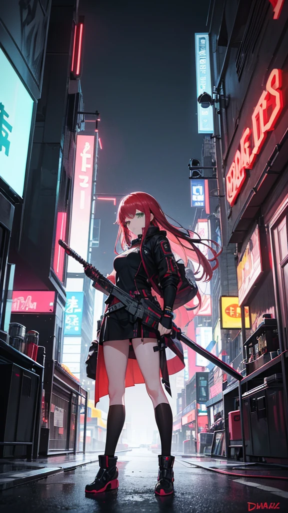 an anime, of a sensual red-haired girl, green eyes, dressed as a cyberpunk mercenary, urban style, she wields a sword in one hand and a pistol in the other, in the background a futuristic city dazzles with its neon lights.