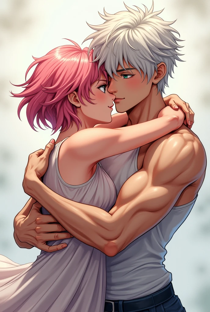 Drawing of a man hugging a woman from behind, emotional image, concept art of love, fan art, inspired by gege akutami, Colored by gege akutami, The girl has short pink hair and green eyes, The boy has white hair and blue eyes, clear skin,high, mature traits, muscular.
