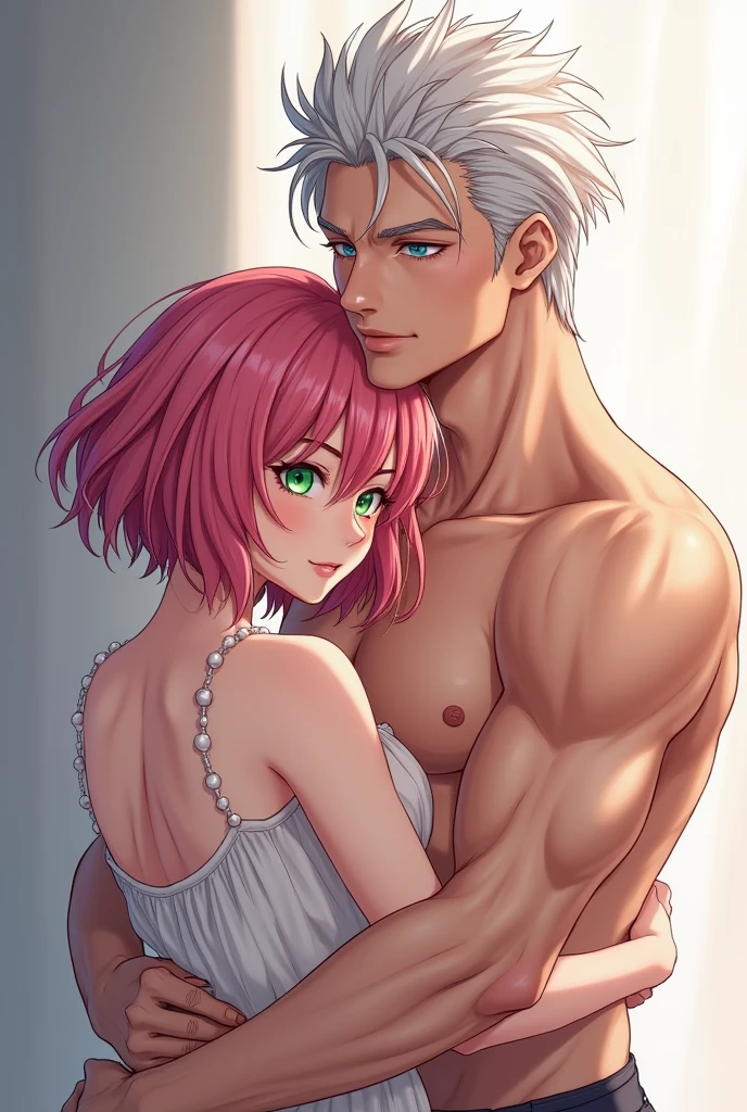 Drawing of a man hugging a woman from behind, emotional image, concept art of love, fan art, inspired by gege akutami, Colored by gege akutami, The girl has short pink hair and green eyes, The boy has white hair and blue eyes, clear skin,high, mature traits, muscular.