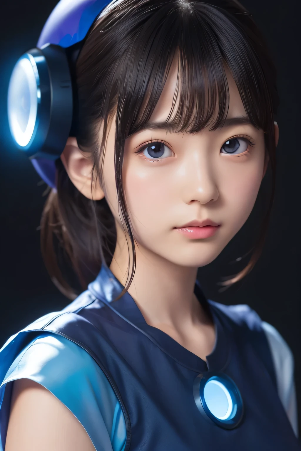 ８K, Portraiture, Portraiture, (alone), masterpiece, Highest quality, Blue glowing plasma ball、 (((slim)))、Flat Body、、cute、Round face、、((Headshot closeup))、Blue Interface、、