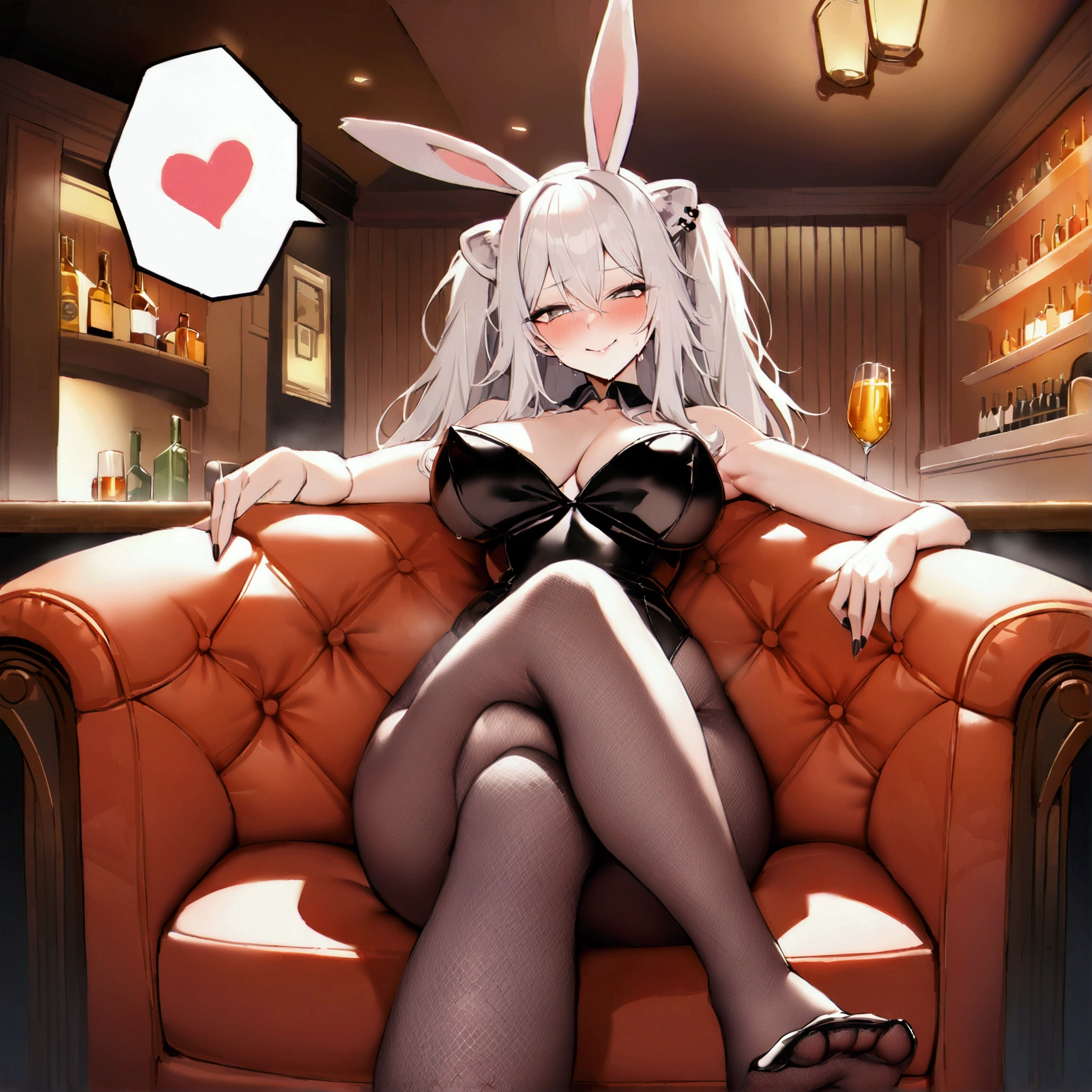 NSFW,masterpiece,Highest quality,High resolution,Super detailed,Shishirabotan\(Hololive\),Long Hair、Two Side Up、Earrings、Lion&#39;s Tail,rabbit ears,leotard,bunny suits,bunny girl,fishnet pantyhose,,blush,Luxurious Room,pub,Private room,,Cocktail Glass,(Drunk),(Intoxication),,evil smile,,looking viewer.sweating,(((spoken heart))),sitting on sofa,pin heel,crossed legs,big breasts,(((show bottom of feet,sole)