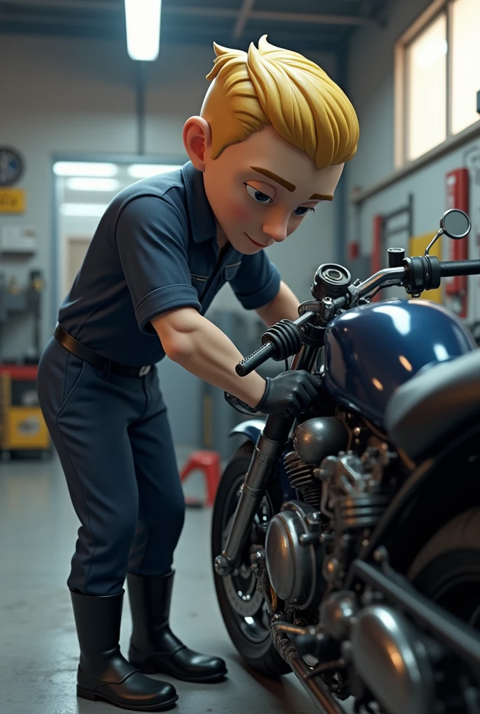Create a 3D mascot fixing a motorcycle , I want a male character with short blonde hair, wearing a dark blue uniform without any logos or details, and black boots.  Full HD image please. , 