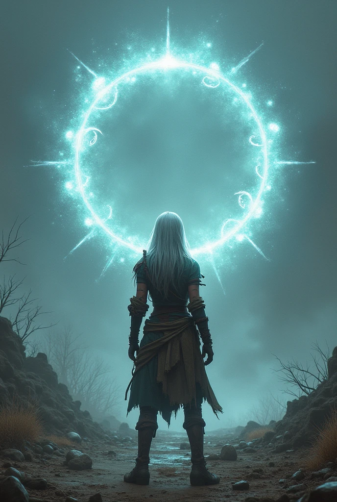 a one woman, silver hair, standing backwards, Summoning portals with small creatures , adventurer outfit, Post-apocalyptic world