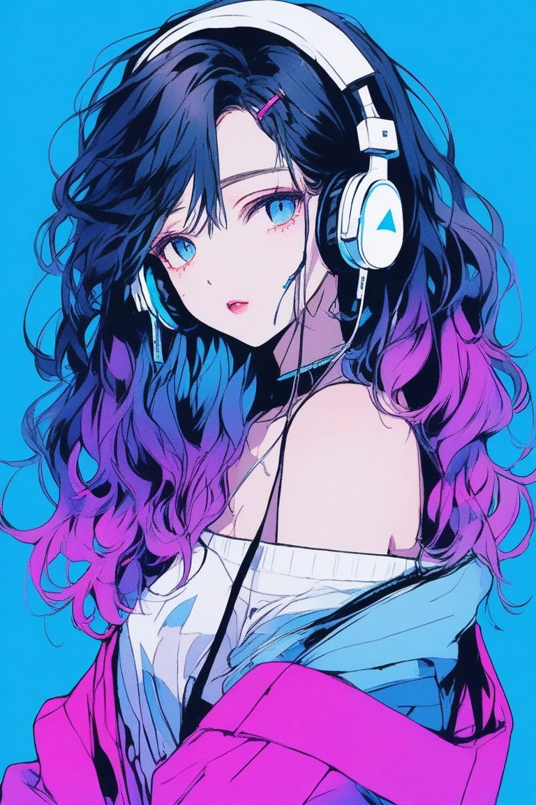 ((masterpiece,Highest quality)), 8k, anime , Realistic ,sketch, anime風のポートレート, (((黒子猫を連れたanimeの))), Blue gradient background, Off-the-shoulder knit, Neon colored messy medium hair, lip, Big earrings, Wear headphones, Texture Trim, Canadian, Upper Body, (masterpiece,Highest quality)