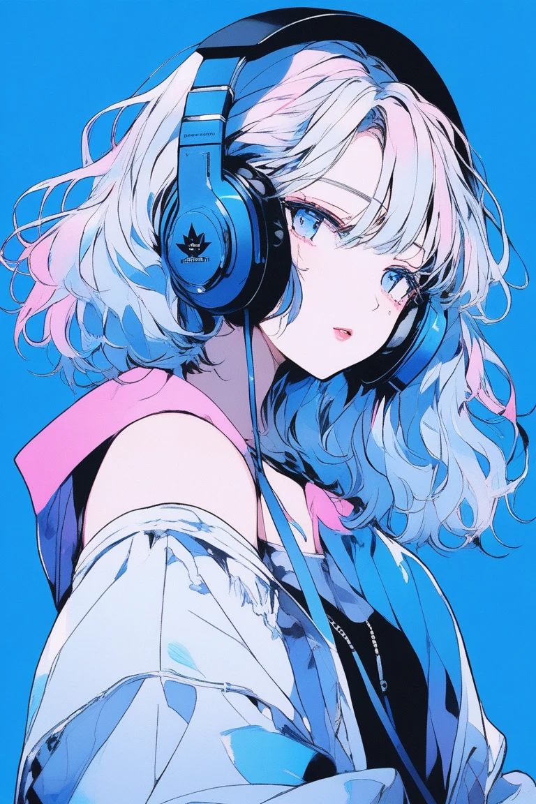 ((masterpiece,Highest quality)), 8k, anime , Realistic ,sketch, anime風のポートレート, (((黒子猫を連れたanimeの))), Blue gradient background, Off-the-shoulder knit, Neon colored messy medium hair, lip, Big earrings, Wear headphones, Texture Trim, Canadian, Upper Body, (masterpiece,Highest quality)