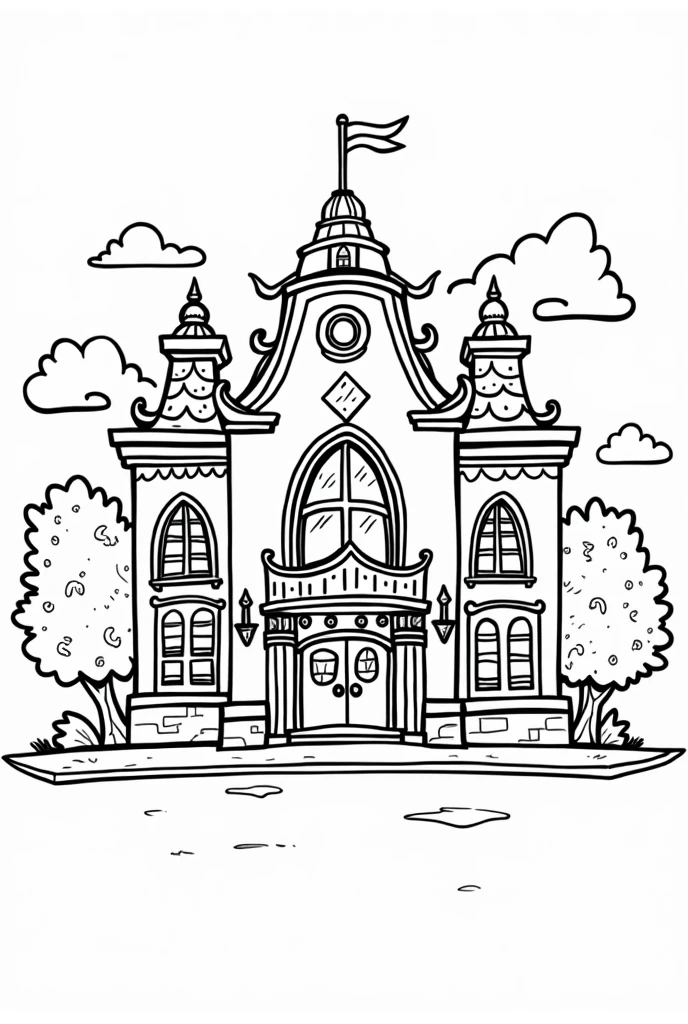 Black and white drawing of a theater for children to color