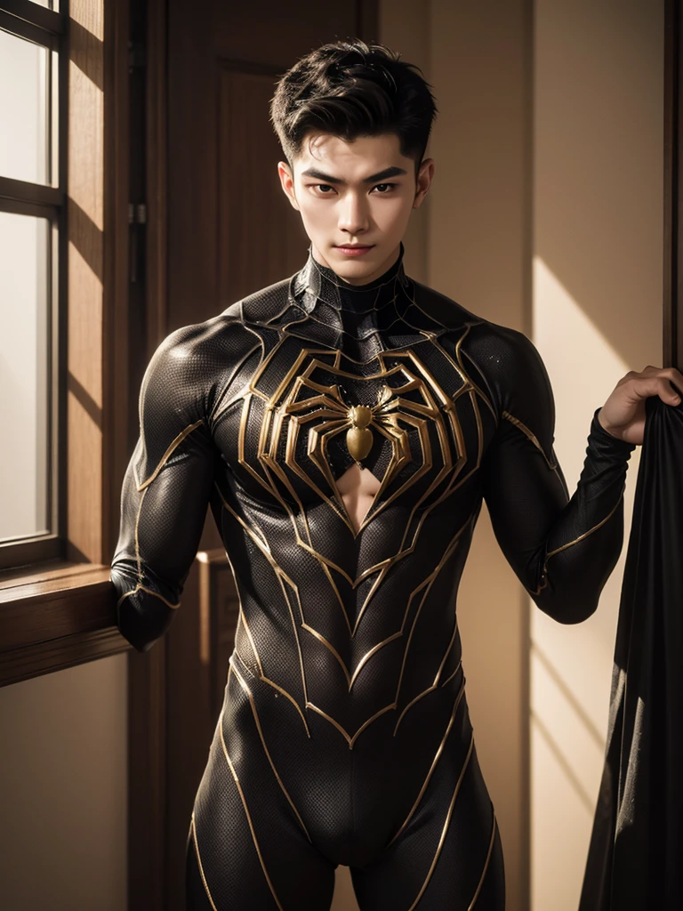 absurdres, intricate details, masterpiece, best quality, high resolution, 8k, (1 Handsome chinese slim guy, 20 years old, Hair combed smoothly, black spidersuit, gold spider web print, crew cut, armspiderverse:1.2), looking at viewer, smirk, Manhuanan, detailed face, black eyes, black hair, eye reflection, shiny necklace, bedroom, (full body:0.8), window, flower, detailed background, cinematic lighting
