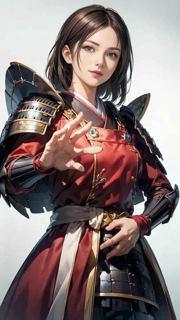 Beautiful woman with dark hair:1.3, Amazing character art, ((Knight Armor:1.3 )),((Pure white background)), (8k, RAW photo, best quality), Handsome,Beautiful female knight, 2. 5D CGI Fantasy Artwork, Detailed digital art, Very nice work of art, Fan Art Best Art Station, (Red velvet long cape),(Stretch your open hand forward:1.3), (Hands on hips),(on stage:1.2),((From below)),Eyes looking into the distance,(A female general gives orders to her soldiers:1.3),Muscular,(samurai:1.2),dynamic,(Confident:1.2,An inappropriate smile,Overbearing),samurai:1.2,Japan