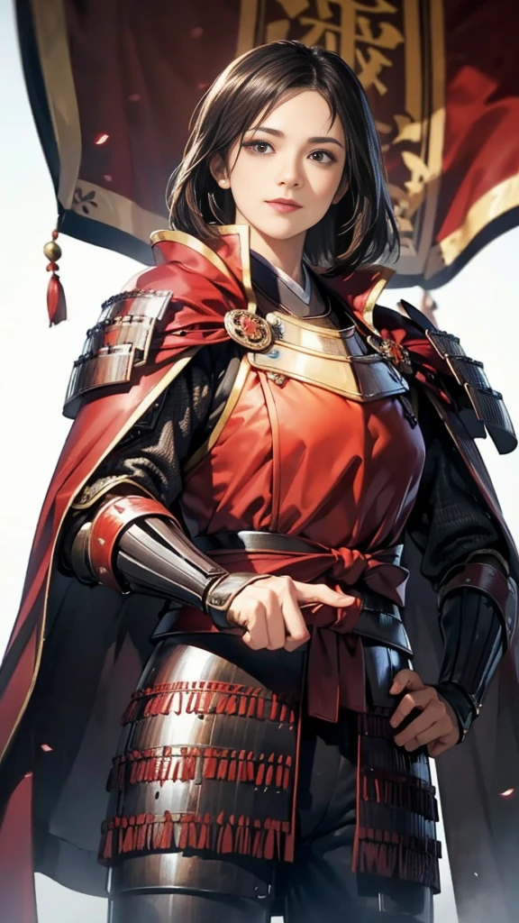 Beautiful woman with dark hair：1.3, Amazing character art, ((Knight Armor:1.3 )),((Pure white background)), (8k, RAW photo, best quality), Handsome，Beautiful female knight, 2. 5D CGI Fantasy Artwork, Detailed digital art, Very nice work of art, Fan Art Best Art Station, (Red velvet long cape),(Stretch your open hand forward:1.3), (Hands on hips),(on stage:1.2),((From below)),Eyes looking into the distance,(A female general gives orders to her soldiers:1.3),Muscular,(samurai:1.2),dynamic,(Confident:1.2,An inappropriate smile,Overbearing),samurai：1.2,Japan