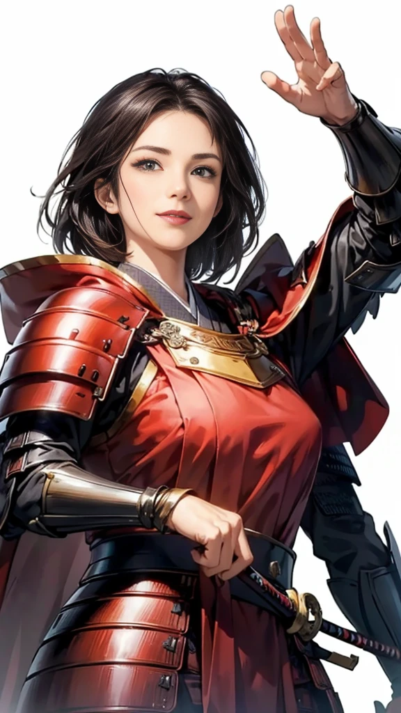Beautiful woman with dark hair:1.3, Amazing character art, ((Knight Armor:1.3 )),((Pure white background)), (8k, RAW photo, best quality), Handsome,Beautiful female knight, 2. 5D CGI Fantasy Artwork, Detailed digital art, Very nice work of art, Fan Art Best Art Station, (Red velvet long cape),(Stretch your open hand forward:1.3), (Hands on hips),(on stage:1.2),((From below)),Eyes looking into the distance,(A female general gives orders to her soldiers:1.3),Muscular,(samurai:1.2),dynamic,(Confident:1.2,An inappropriate smile,Overbearing),samurai:1.2,Japan