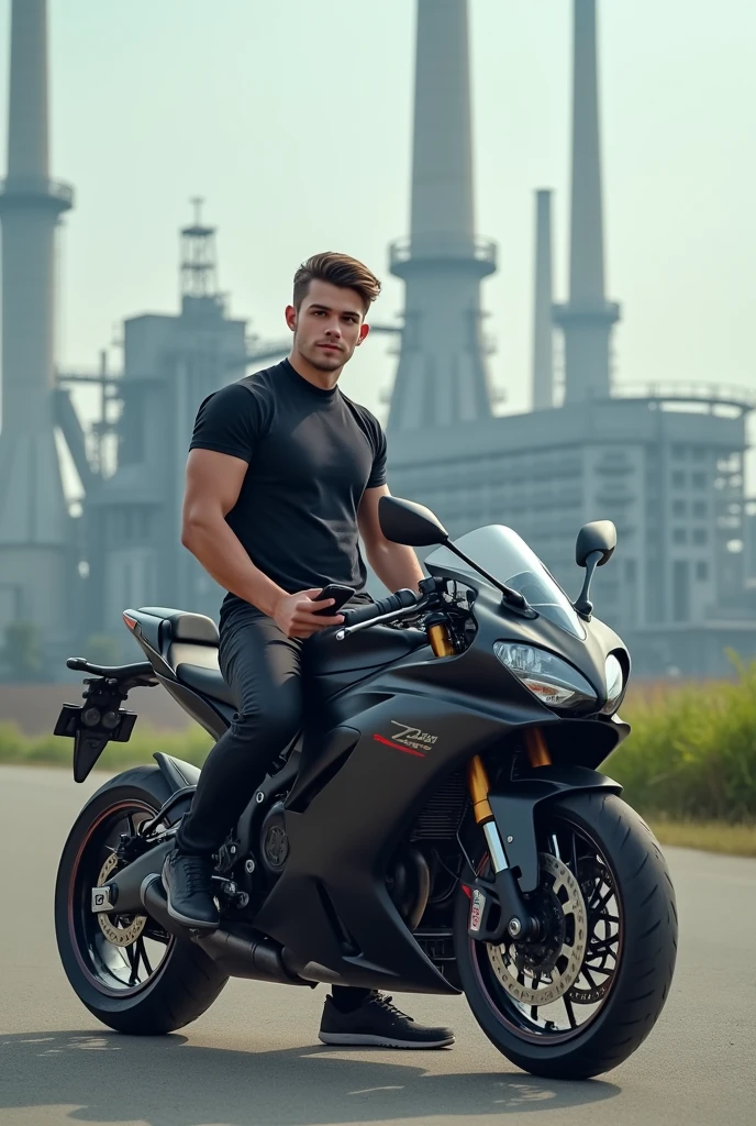 20 year old boy, 1,80 metro de altura, with his 300cc black motorcycle, and a cell phone in hand, in front of the paper and pulp company
