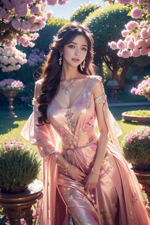 garden background,fairy tale atmosphere,vibrant colors,soft lighting,]floral patterns on the dress,sparkling jewelry,delicate lace details,pink blush, flowing hair,fantasy elements