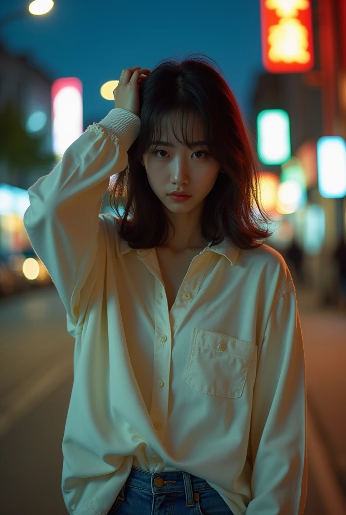 masterpiece,(Best picture quality),Higher quality,High Detail,(Ultra-high resolution),8K resolution,Depth of Field,A Chinese delicate beautiful girl with medium hair,Wear a white button-down shirt。臀部翘穿着牛仔裤晚上在路边捂着头伤心sad,Beautiful facial features,Slouchy loose sweater,Portrait mode,Sunlight,Warm,Tyndall effect,Movie Light,Lazy look,sad,Absolutely beautiful,Chinese style