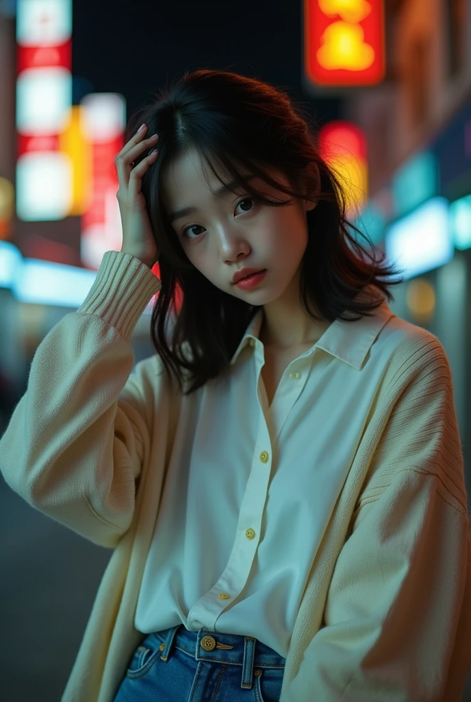 masterpiece,(Best picture quality),Higher quality,High Detail,(Ultra-high resolution),8K resolution,Depth of Field,A Chinese delicate beautiful girl with medium hair,Wear a white button-down shirt。臀部翘穿着牛仔裤晚上在路边捂着头伤心sad,Beautiful facial features,Slouchy loose sweater,Portrait mode,Sunlight,Warm,Tyndall effect,Movie Light,Lazy look,sad,Absolutely beautiful,Chinese style