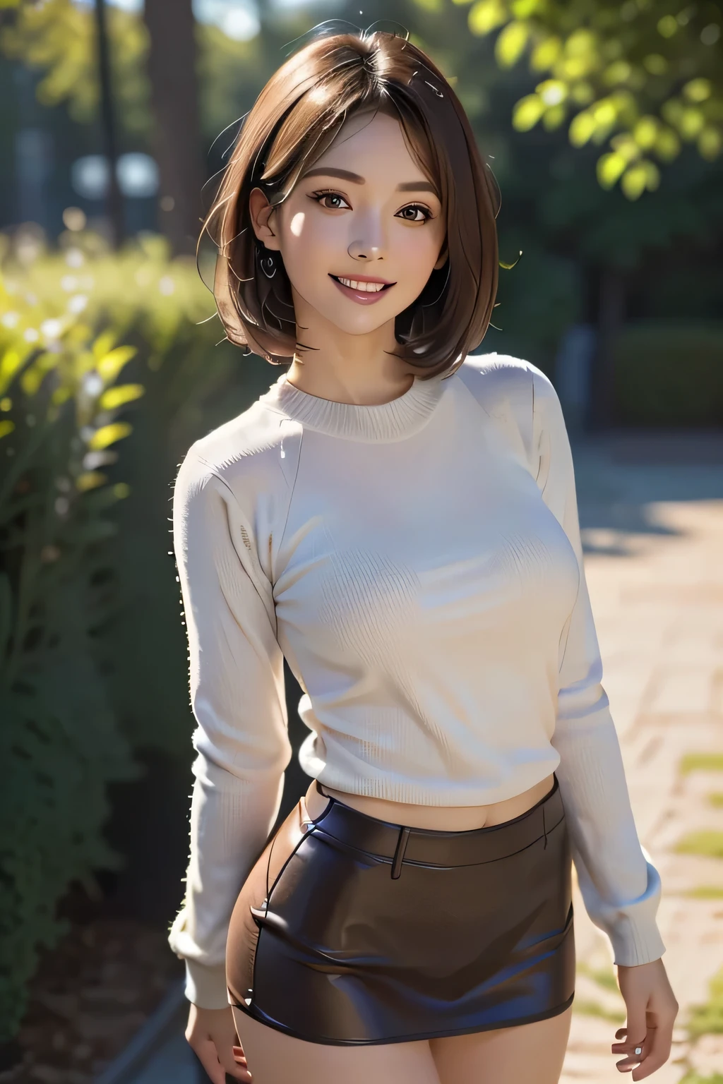 (8k, RAW Photos, Highest quality, masterpiece, Realistic, Realistic), (1 female), (Ultimate beauty), Highly detailed face, Detailed eyes, double eyelid, eyelash, smile, (Perfect Teeth), Lip details, Brunette Bob, Big Breasts, (Summer Sweaters), ((Brown tight mini skirt)), Cowboy Shot, background: garden, Soft Light, ((Written boundary depth)) 