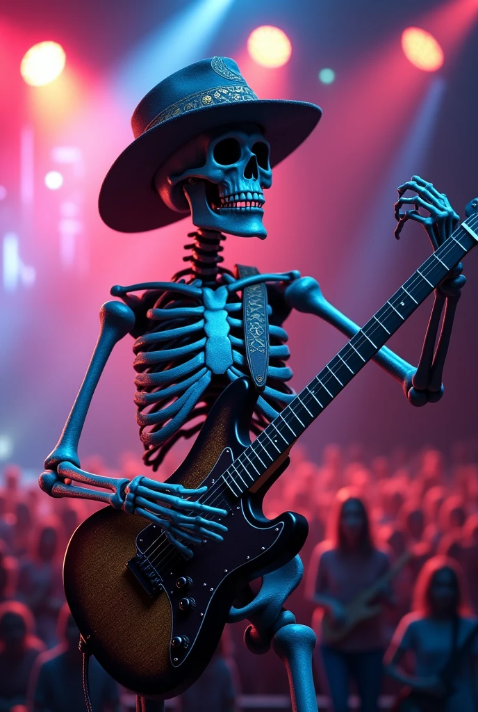 Skeleton with hat playing guitar in concert