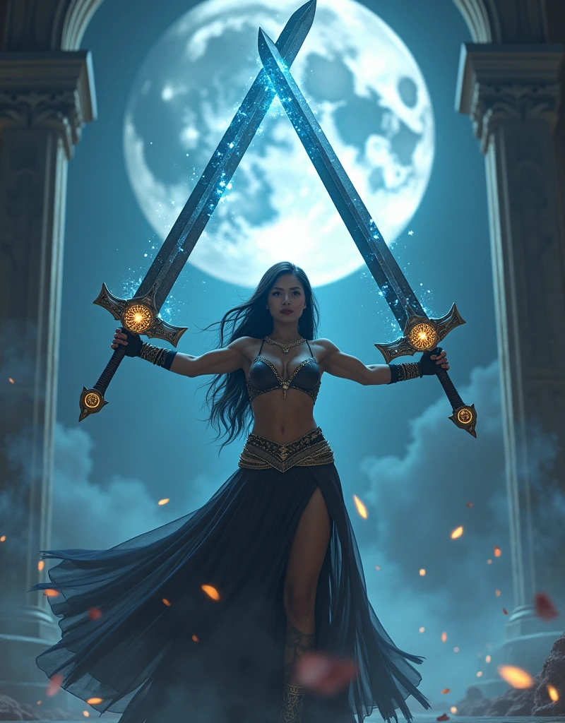 (Three colossal greatswords, twice the size of a human, created by magic.:1.5)、(The enormous sword is floating overhead, tilted by the power of magic.:1.5)、(A beautiful mage warrior who manipulates a greatsword with magic without directly touching it.:1.5)、(Perfect Anatomy:1.7)、gloves、Correct fingers、magic circle、View your viewers、(Beautiful Eyes)、Beautiful and well-proportioned face、Angle from below、One woman、18-year-old、Ancient magic city、Black Hair、(Ultra-sheer outfit)、(Super hourglass body type:1.2)、magical realism、A confident smile、disaster々A bright moon is rising.、(RAW Photos)、(Realistic)、(Super detailed)、(High resolution:1.2)、(masterpiece)、(Highest quality)、(8k)、(Ultra-Details)