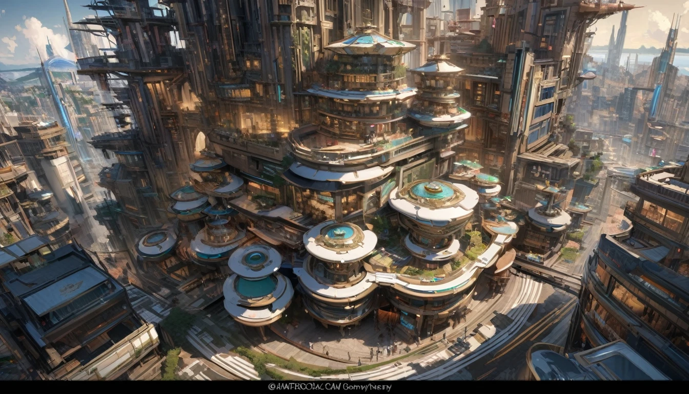 masterpiece, 8k, best quality, Very detailed, prosperous scenery & A bustling dream town with high-tech buildings